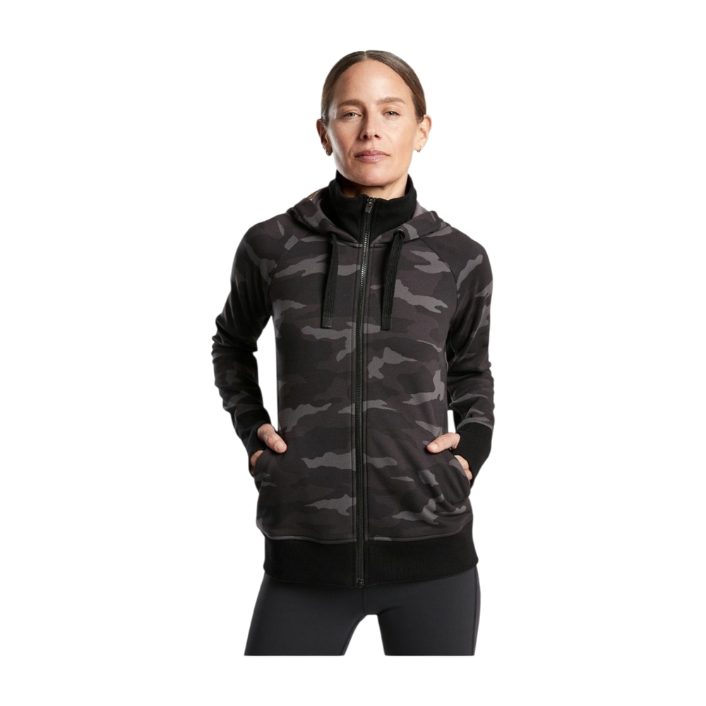 NEW! Athleta Triumph Hoodie Small Camo Black Grey Tall Collar Thumbholes Womens